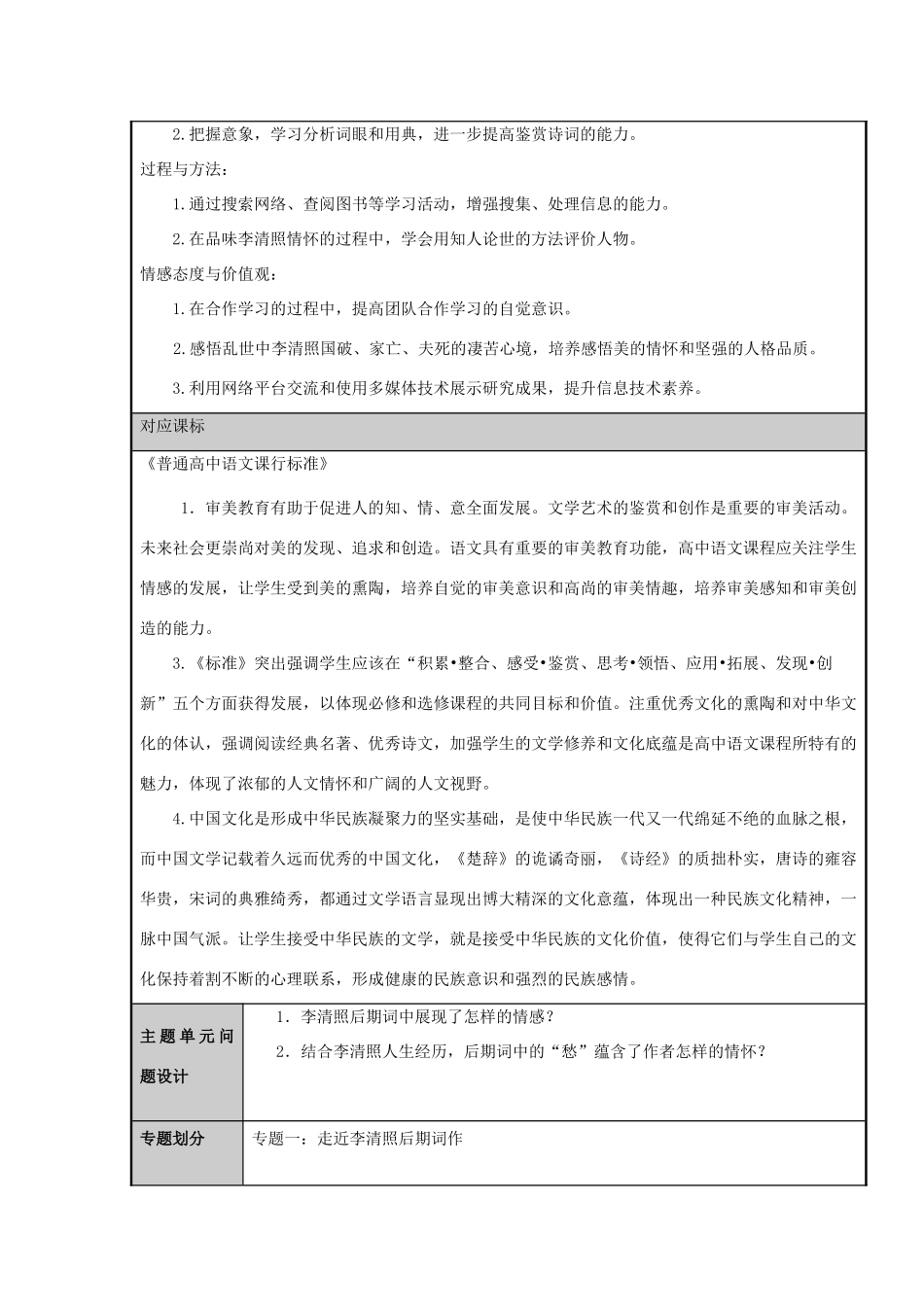 山东省济南市长清区高中2012-2013学年高二语文 婉约才女李清照主题单元设计_第2页