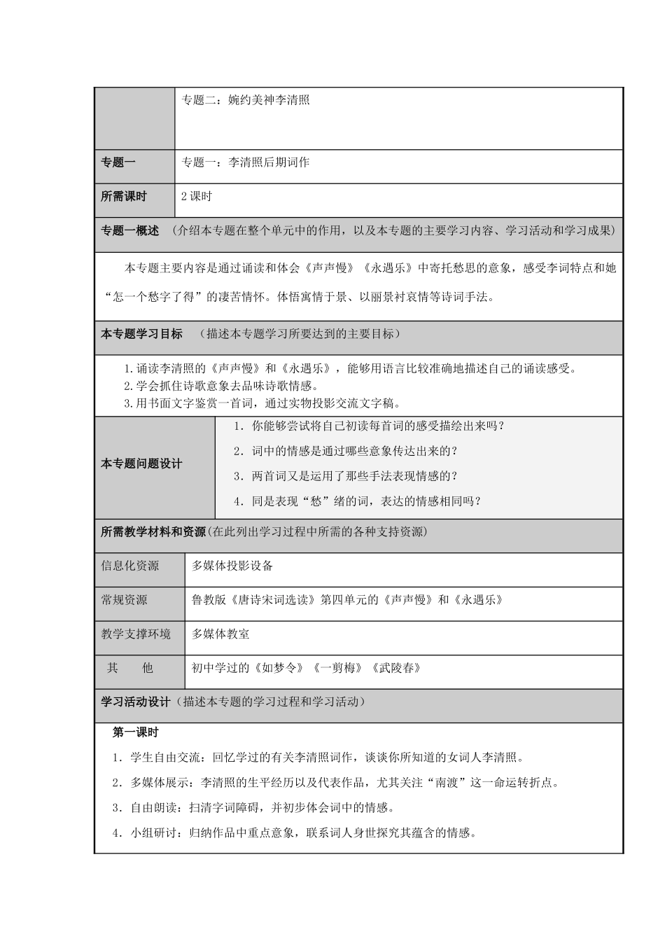 山东省济南市长清区高中2012-2013学年高二语文 婉约才女李清照主题单元设计_第3页
