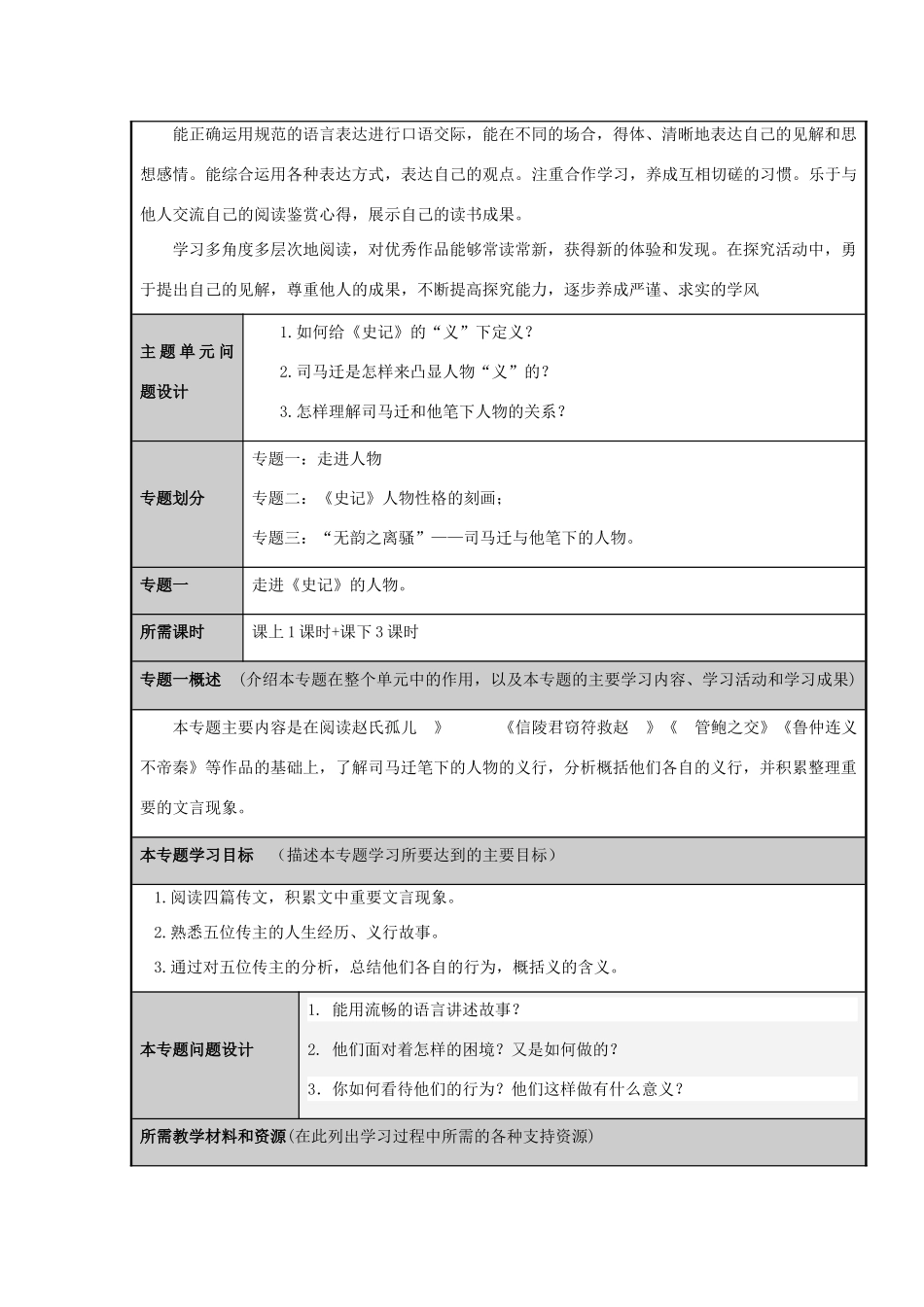 山东省济南市平阴县第一中学高三语文《史记》义薄云天主题单元设计 鲁教版_第3页
