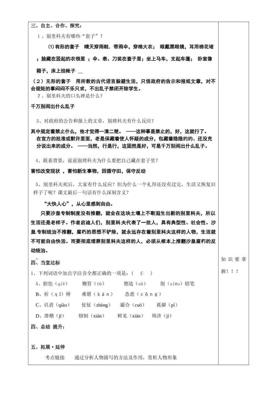 山东省泰安市肥城市第三中学2013-2014学年高中语文 套中人（第1课时）教案 鲁教版必修1_第3页