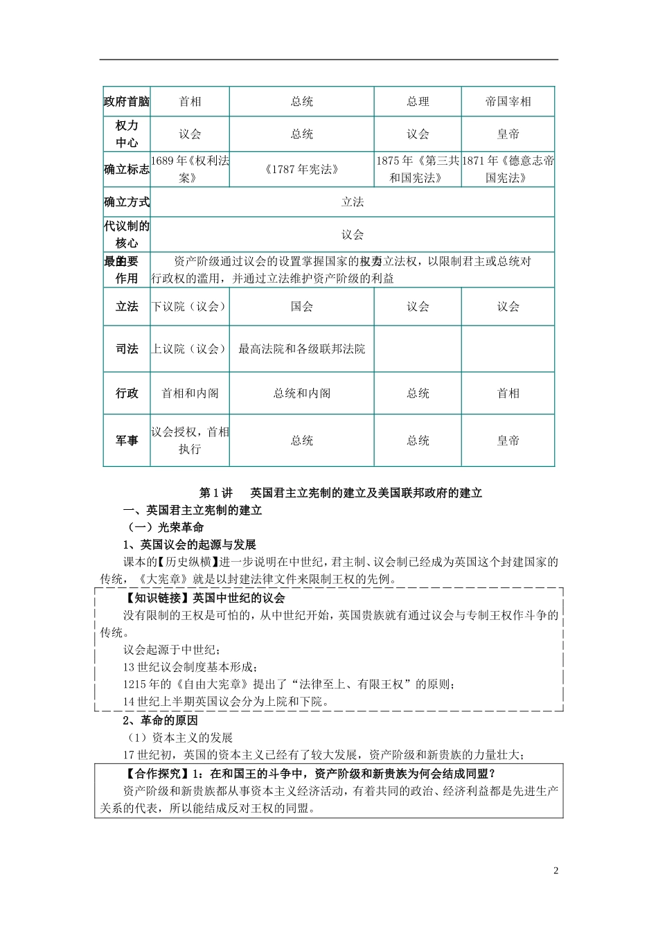 山东省沂水一中高一历史 近代西方资本主义政治制度的确立与发展教案_第2页