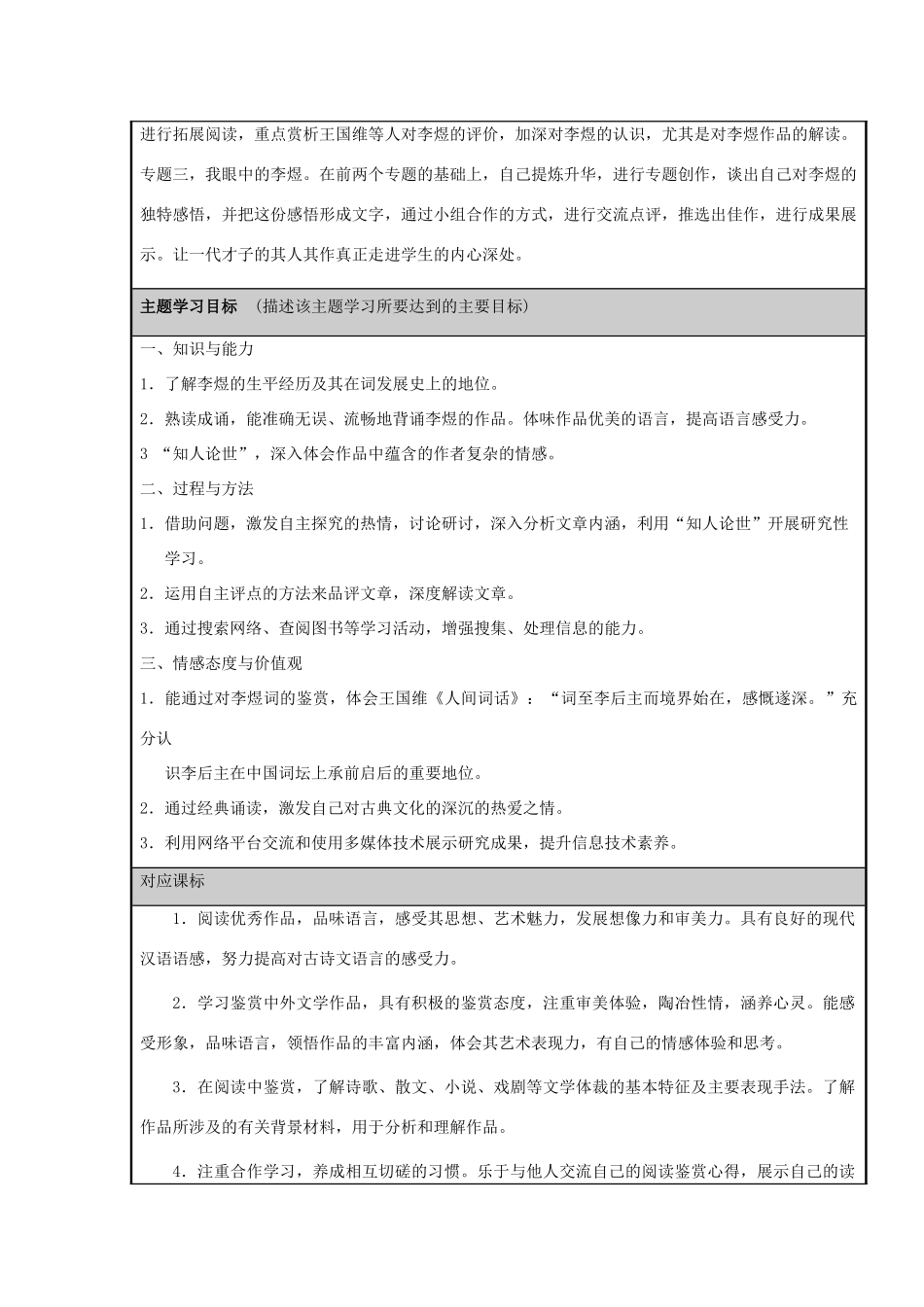 山东省广饶县第一中学2012-2013学年高二语文 走进李煜的情感世界主题单元设计 鲁教版_第2页
