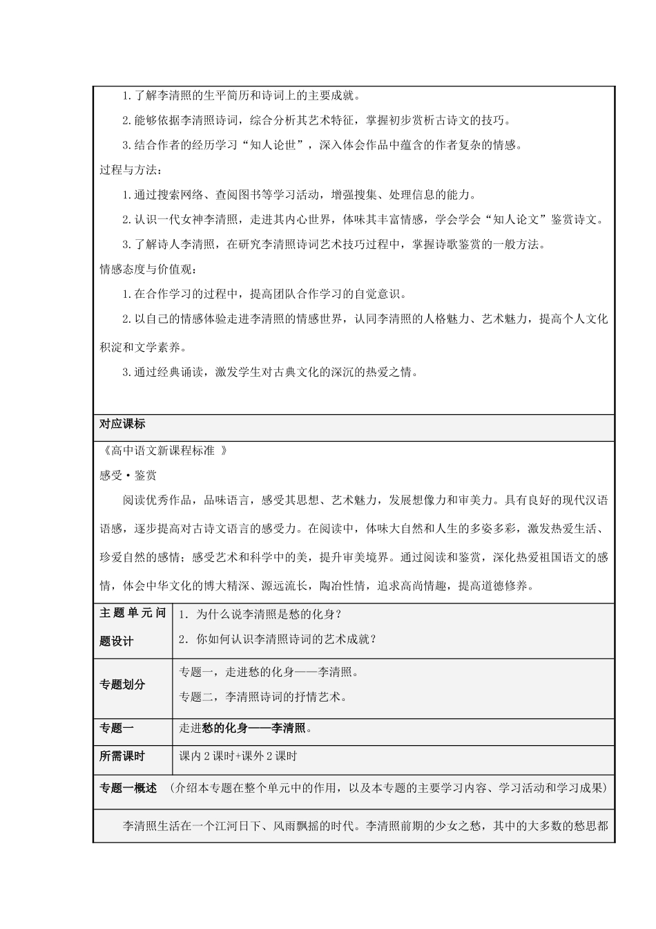 山东省广饶县第一中学2012-2013学年高二语文 愁的化身-李清照主题单元设计 鲁教版_第2页