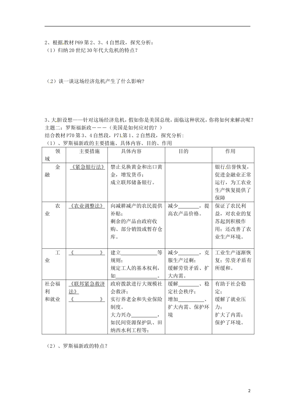 山东省巨野一中2014高中历史 第15课《大萧条和罗斯福新政》教案 岳麓版必修2_第2页