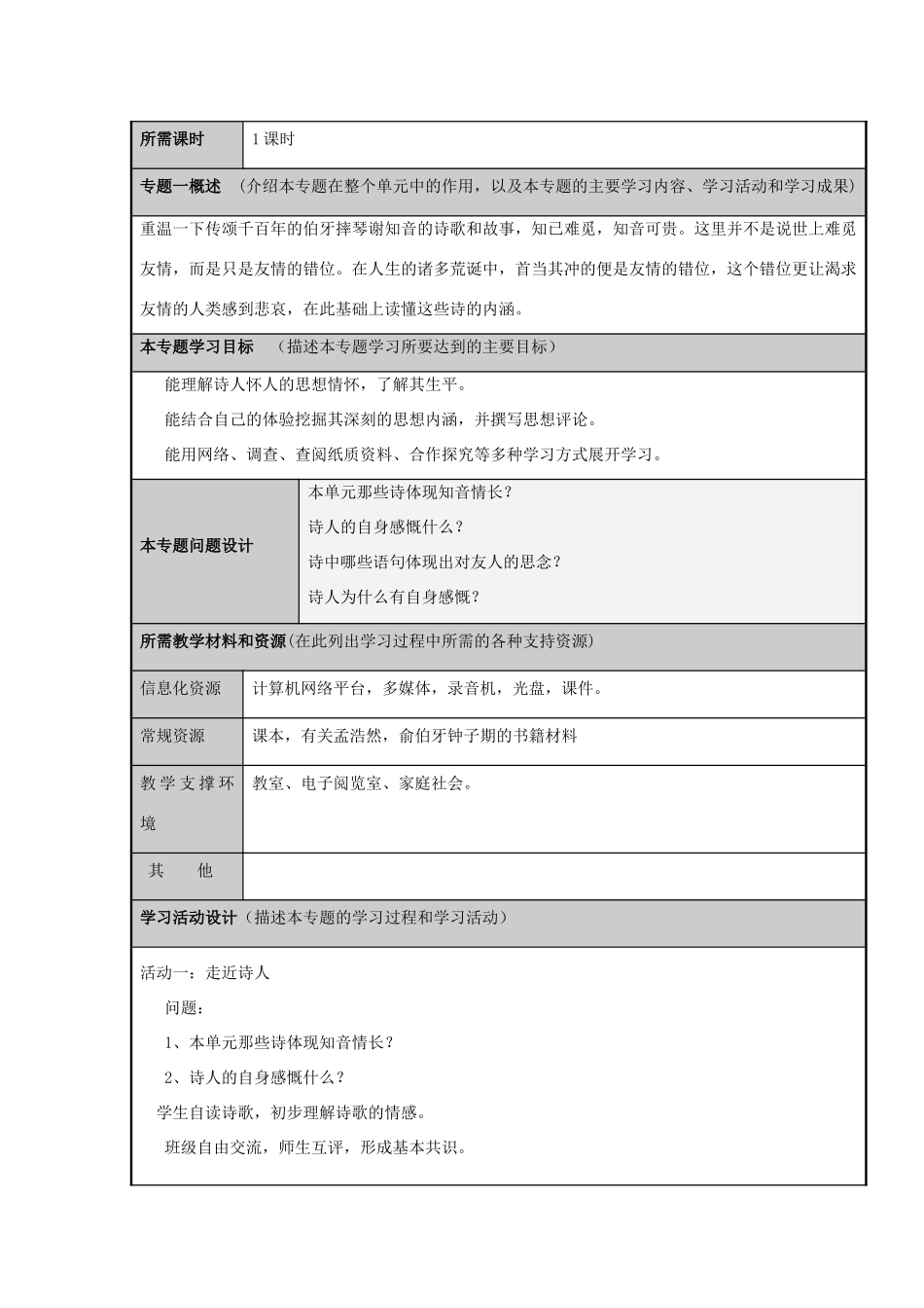 山东省寿光市现代中学2012-2013学年高二语文 感情真挚的友情诗主题单元设计 鲁教版_第3页