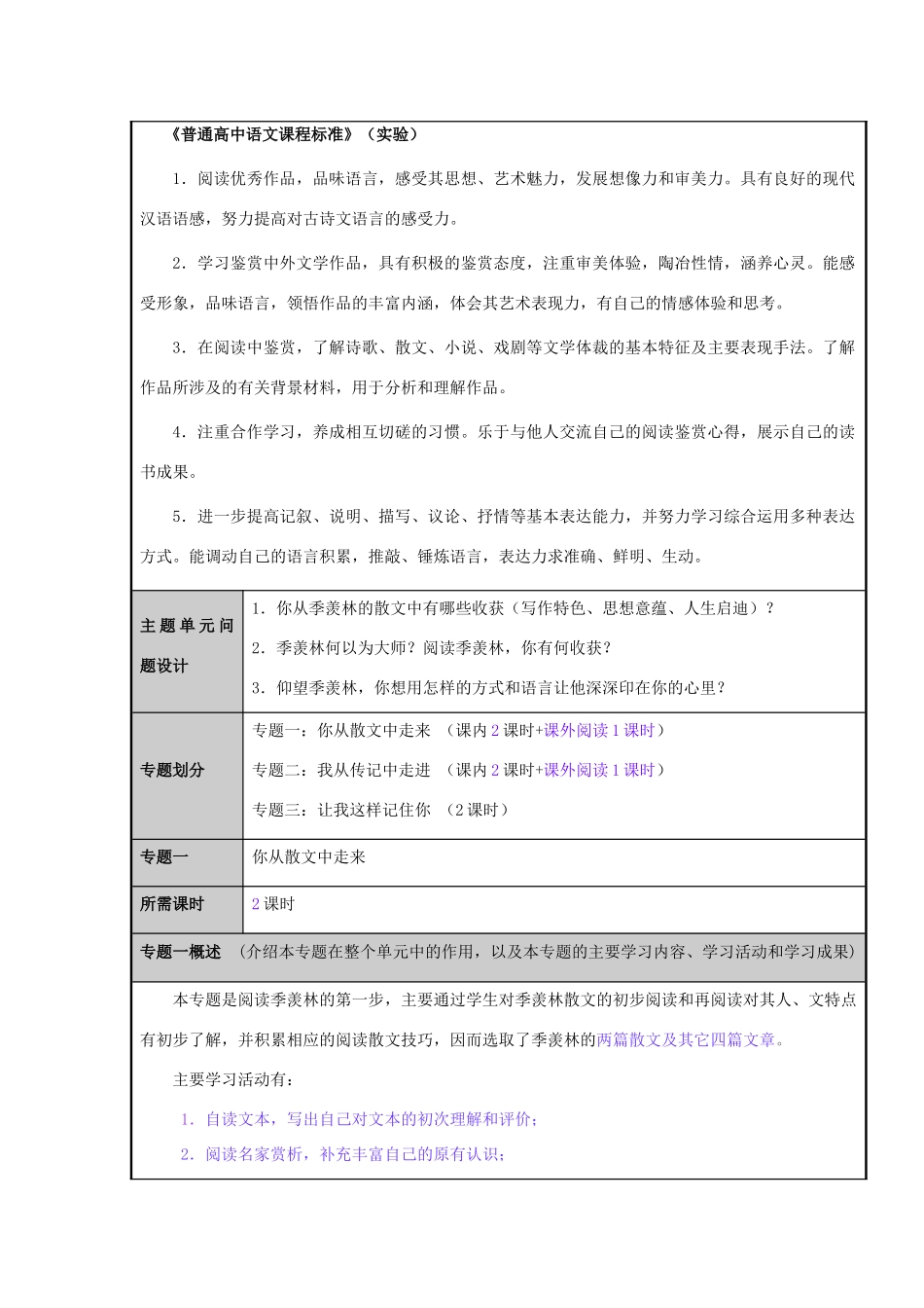山东省威海市一中2012-2013学年高三语文 丰富生命的行囊 阅读季羡林主题单元设计 鲁教版_第3页