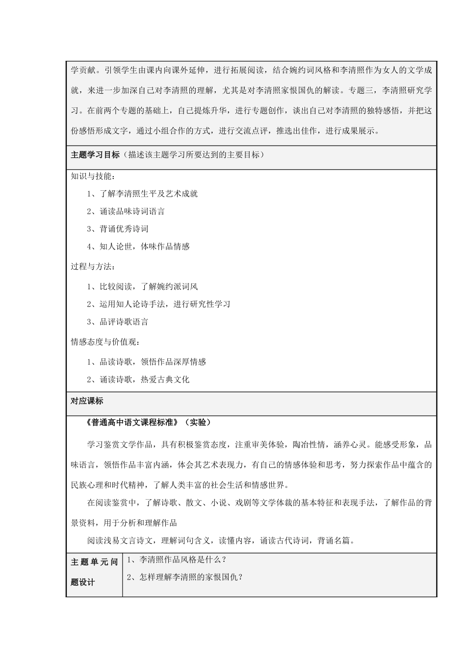 山东省历城一中2012-2013学年高二语文 亦爱亦恨李清照主题单元设计 鲁教版_第2页