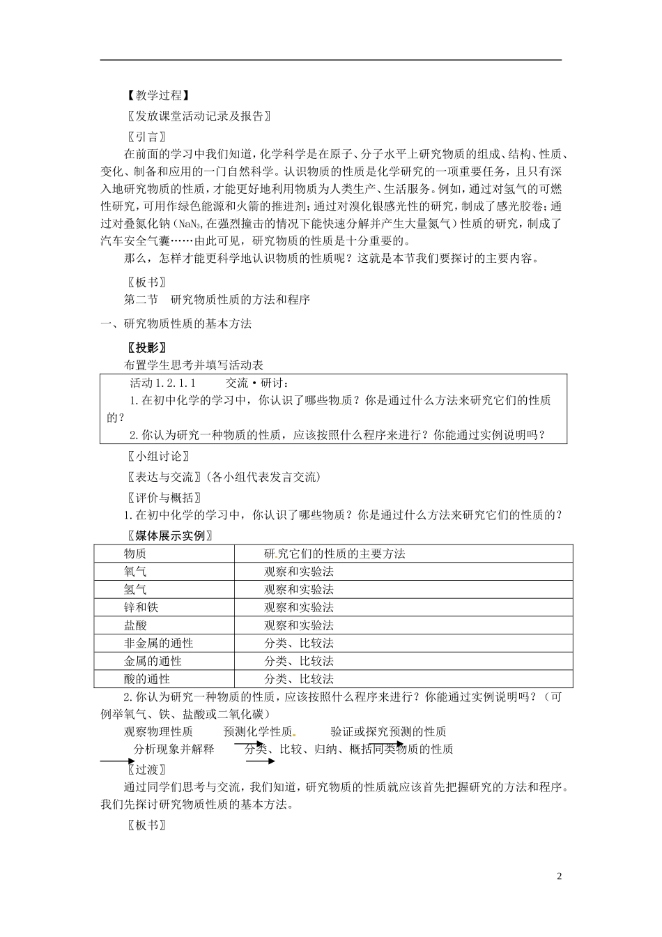 山东省冠县武训高级中学高中化学 第二节 研究物质性质的方法和程序教案 新人教版必修1_第2页
