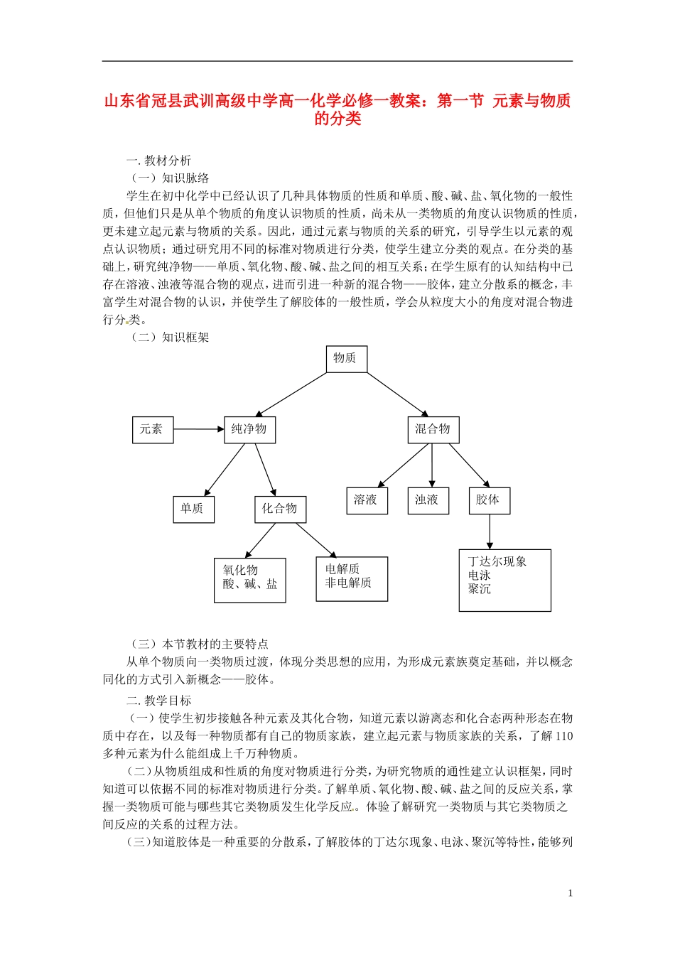 山东省冠县武训高级中学高中化学 第一节 元素与物质的分类教案 新人教版必修1_第1页