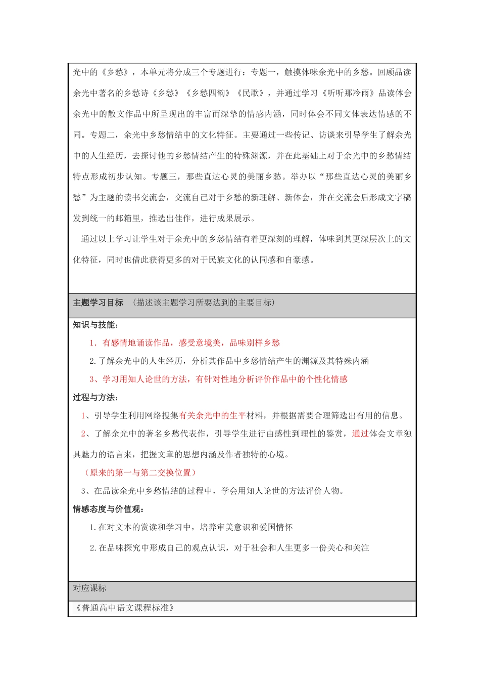 山东省乳山市高中2012-2013学年高一语文 余光中的乡愁情结主题单元设计 鲁教版_第2页