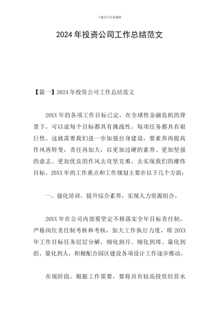 2024年投资公司工作总结范文