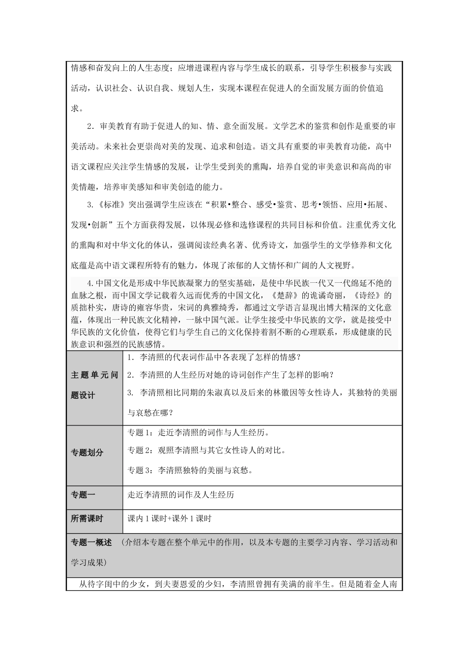 山东省临沂市高中2012-2013学年高二语文 李清照的美丽与哀愁主题单元-朱孔娟主题单元设计_第3页