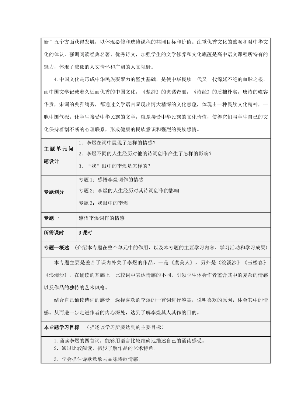 山东省临沂市高中2012-2013学年高二语文 帝王路上的悲情词人 李煜主题单元设计_第3页