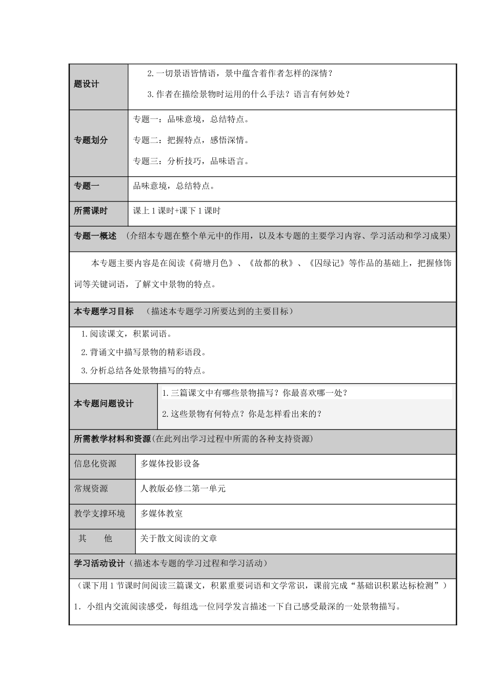 山东省临沂市第十八中学高二语文 一切景语皆情语主题单元设计 鲁教版_第3页