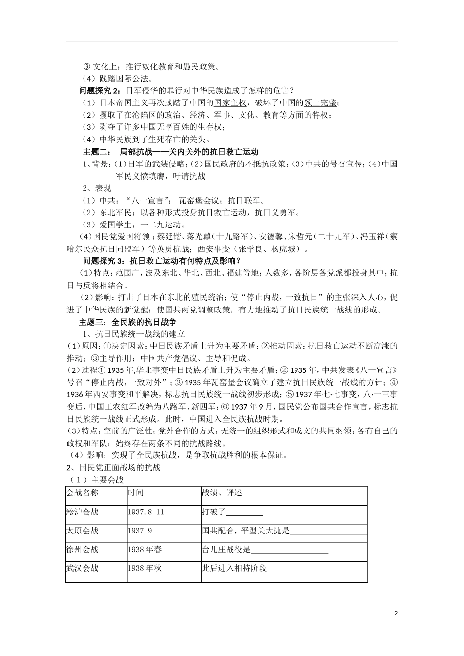 四川省德阳五中高中历史《专题二 第三课 伟大的抗日战争》教案 人民版必修1_第2页