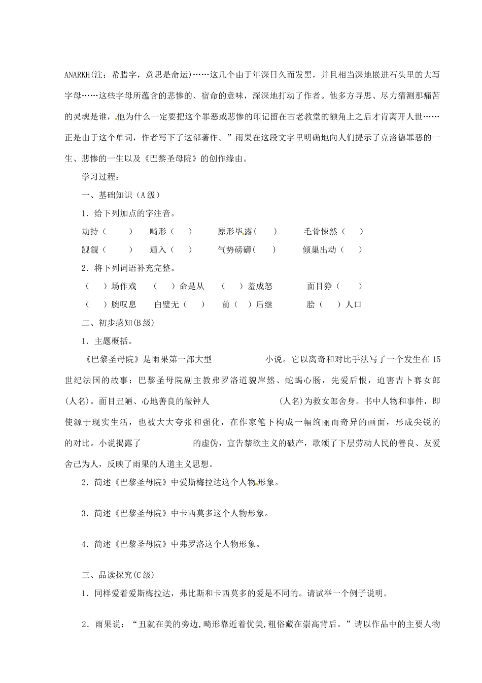 四川省宣汉县第二中学高中语文 名著导读《巴黎圣母院》教案 新人教版必修2_第2页