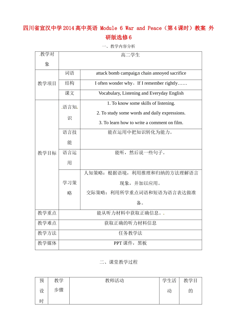 四川省宣汉中学2014高中英语 Module 6 War and Peace（第4课时）教案 外研版选修6_第1页