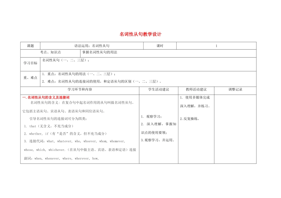 四川省宜宾市一中高二英语上学期第13周教学设计（名词性从句）-人教版高二全册英语教案_第1页