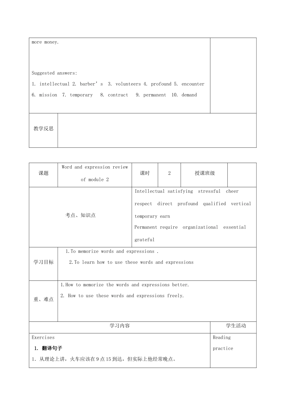 四川省宜宾市一中高二英语《Module 1-2》教学设计-人教版高二全册英语教案_第2页
