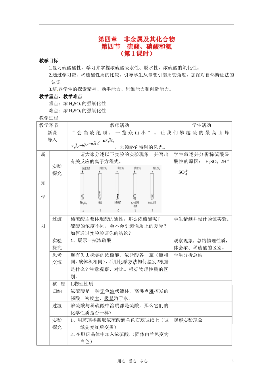 化学：4.4《硫酸、硝酸和氨》教案+随堂练习（新人教版必修1）_第1页