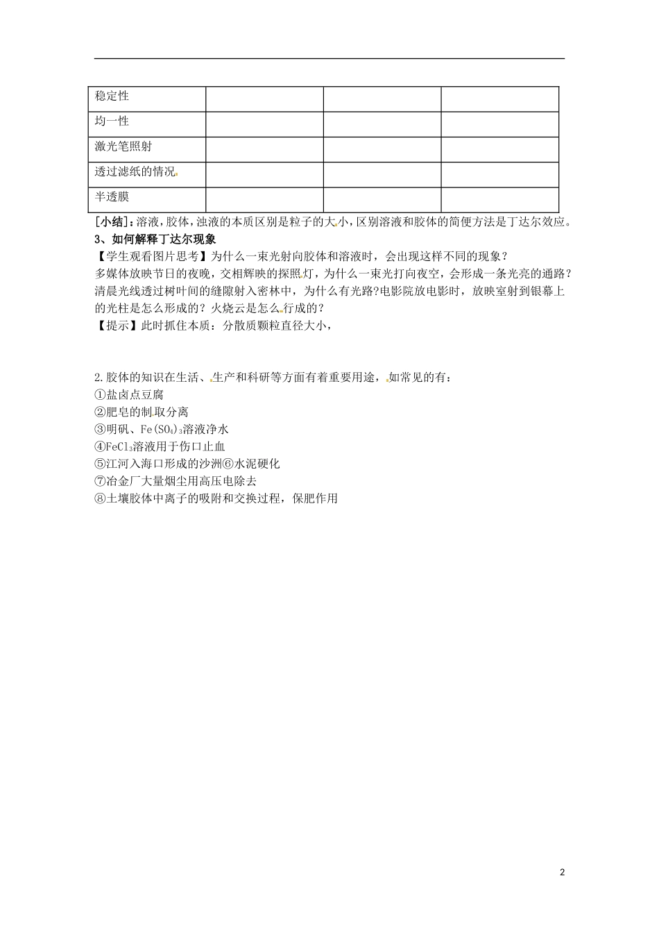 内蒙古伊图里河高级中学高一化学《2.1 分散系及其分类（第二课时）》教案 新人教版_第2页