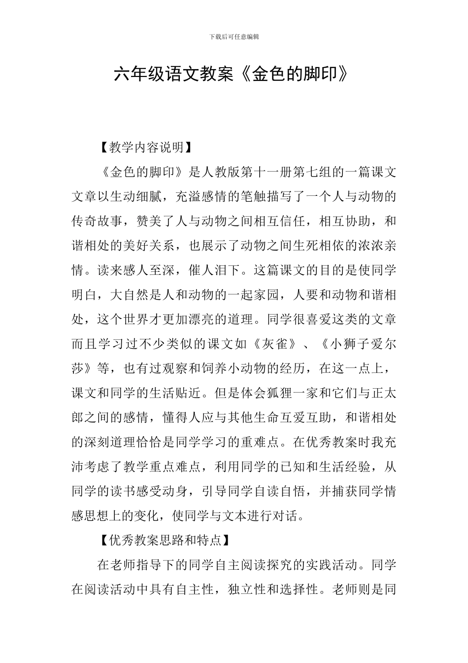六年级语文教案《金色的脚印》_第1页
