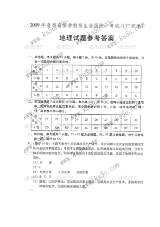 2009年高考地理试题广东卷参考答案 