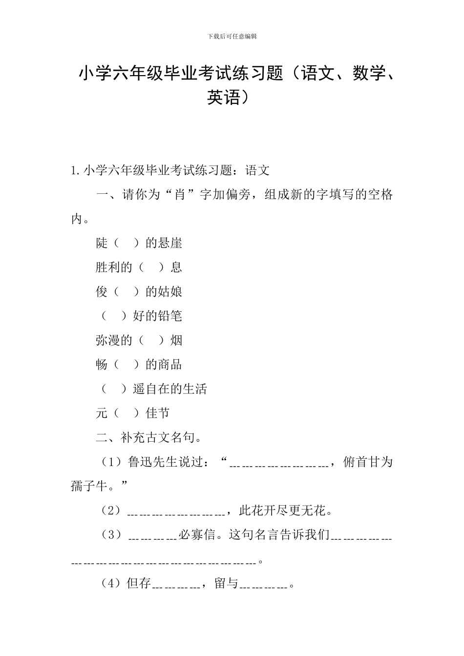 小学六年级毕业考试练习题_第1页