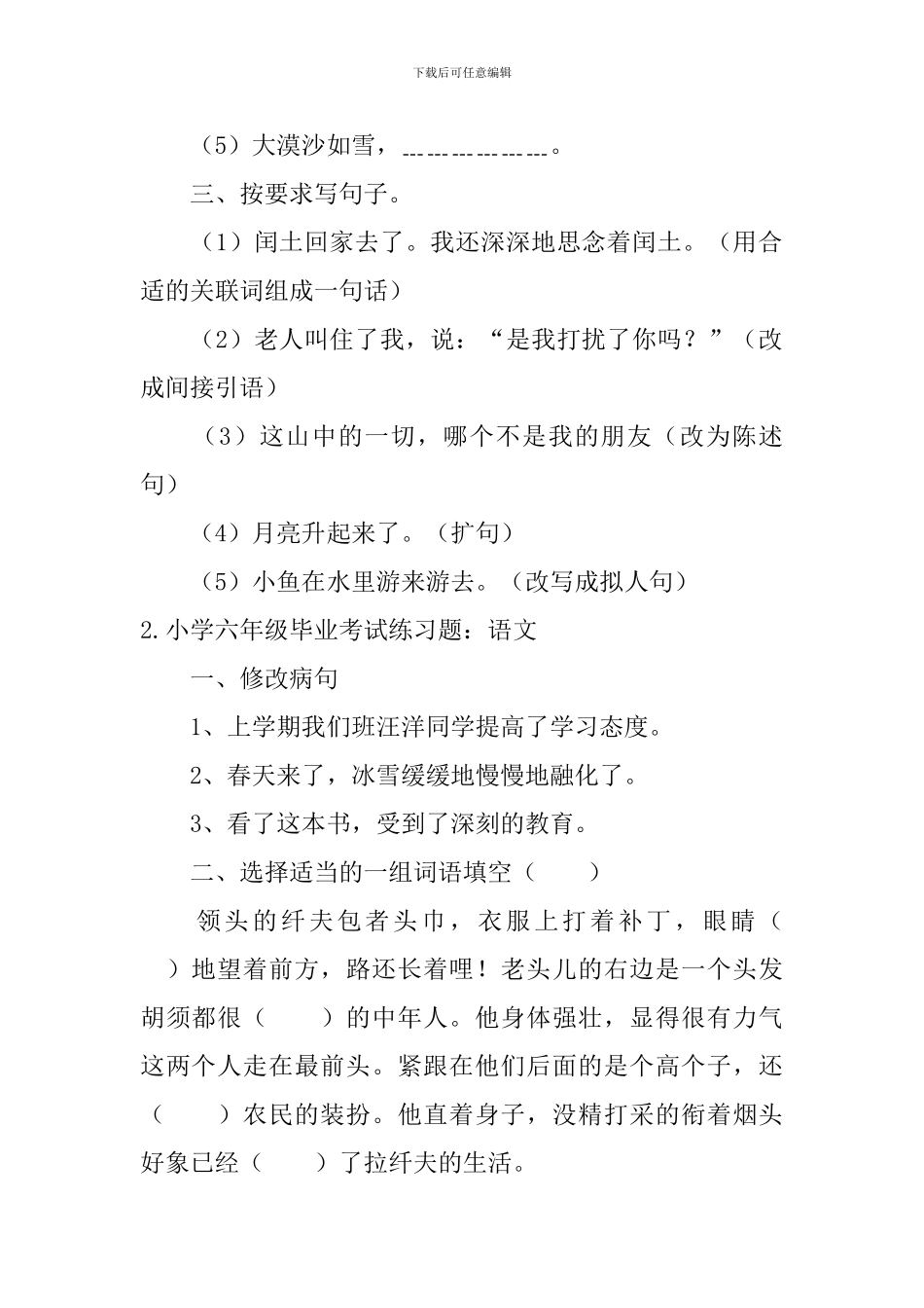 小学六年级毕业考试练习题_第2页