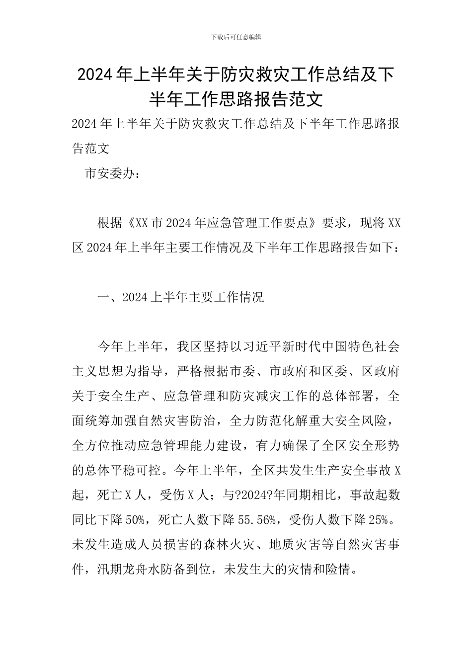 2024年上半年关于防灾救灾工作总结及下半年工作思路报告范文_第1页