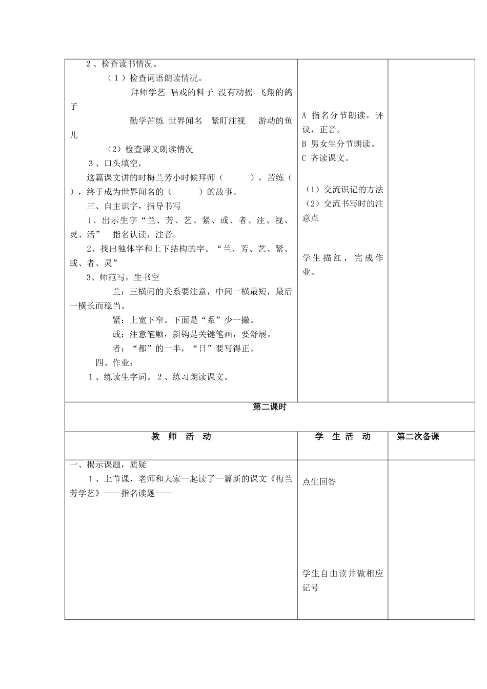 （秋季版）春一年级语文下册 课文2 第8课《梅兰芳学艺》教学设计 鄂教版-鄂教版小学一年级下册语文教案_第2页