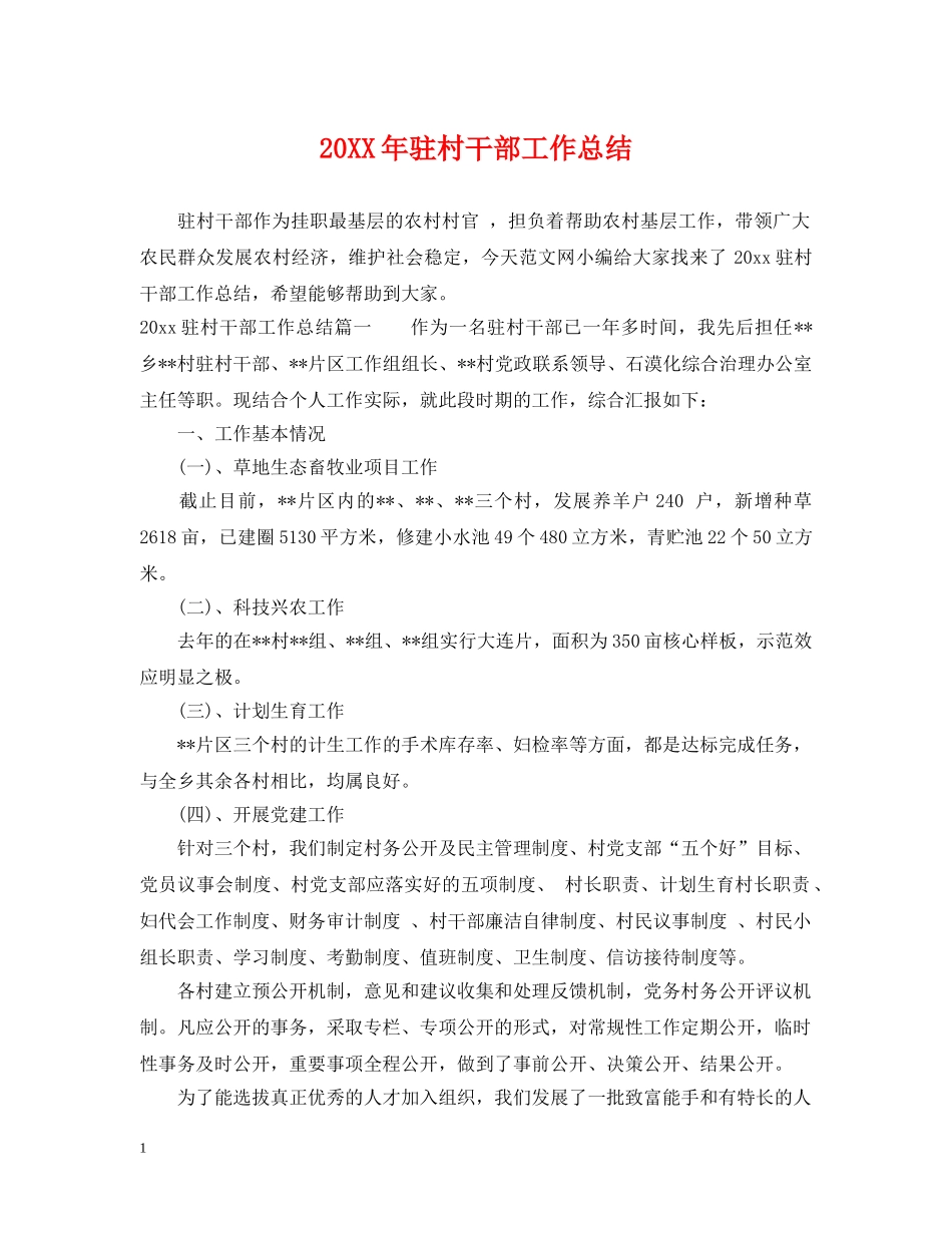 20XX年驻村干部工作总结 _第1页