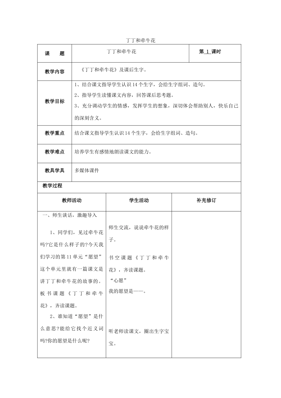 （秋季版）春一年级语文下册 11《愿望》教学设计 北师大版-北师大版小学一年级下册语文教案_第1页