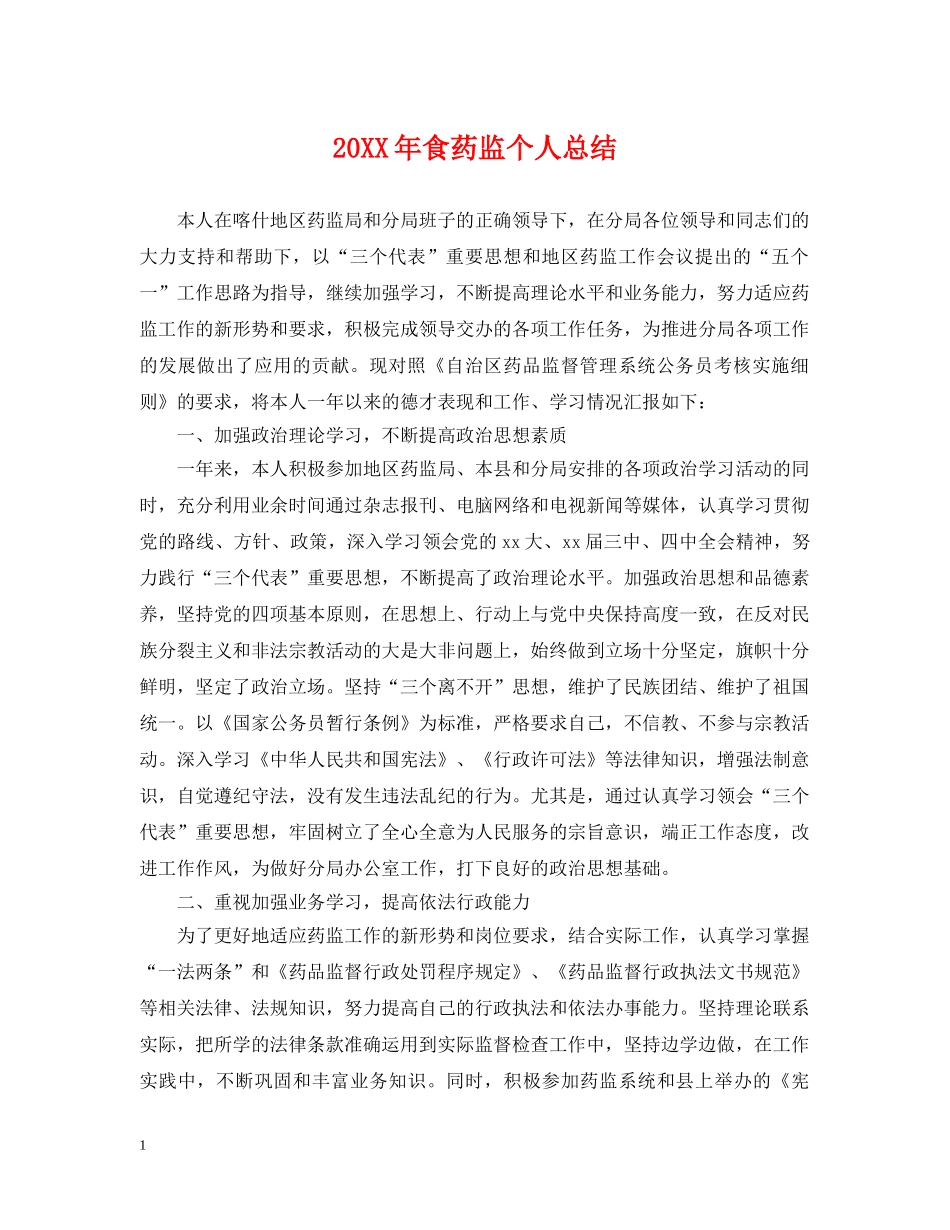 20XX年食药监个人总结 _第1页