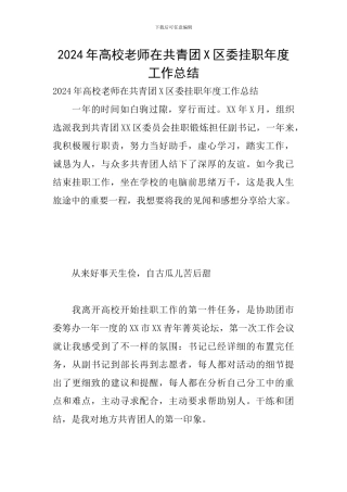 2024年高校教师在共青团X区委挂职年度工作总结