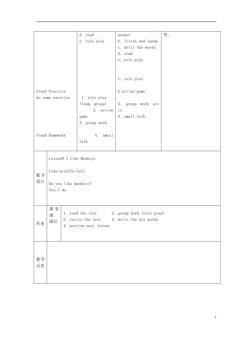 （EEC）三年级英语上册 Lesson9 I Like Monkeys教案（2）_第2页
