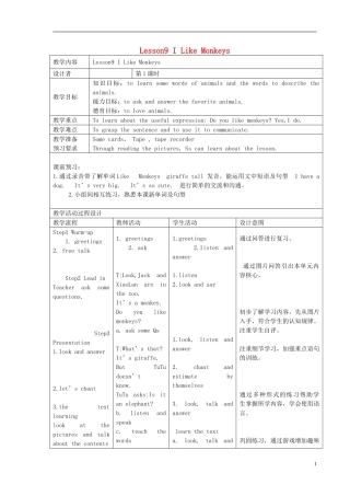（EEC）三年级英语上册 Lesson9 I Like Monkeys教案（2）