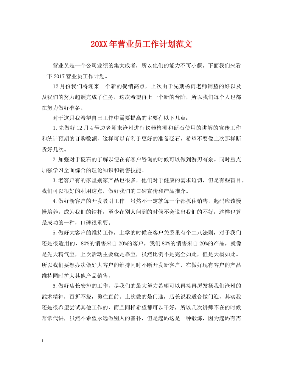 20XX年营业员工作计划范文 _第1页