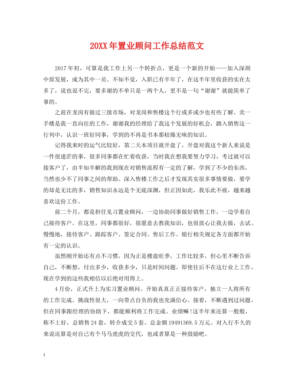 20XX年置业顾问工作总结范文 _第1页