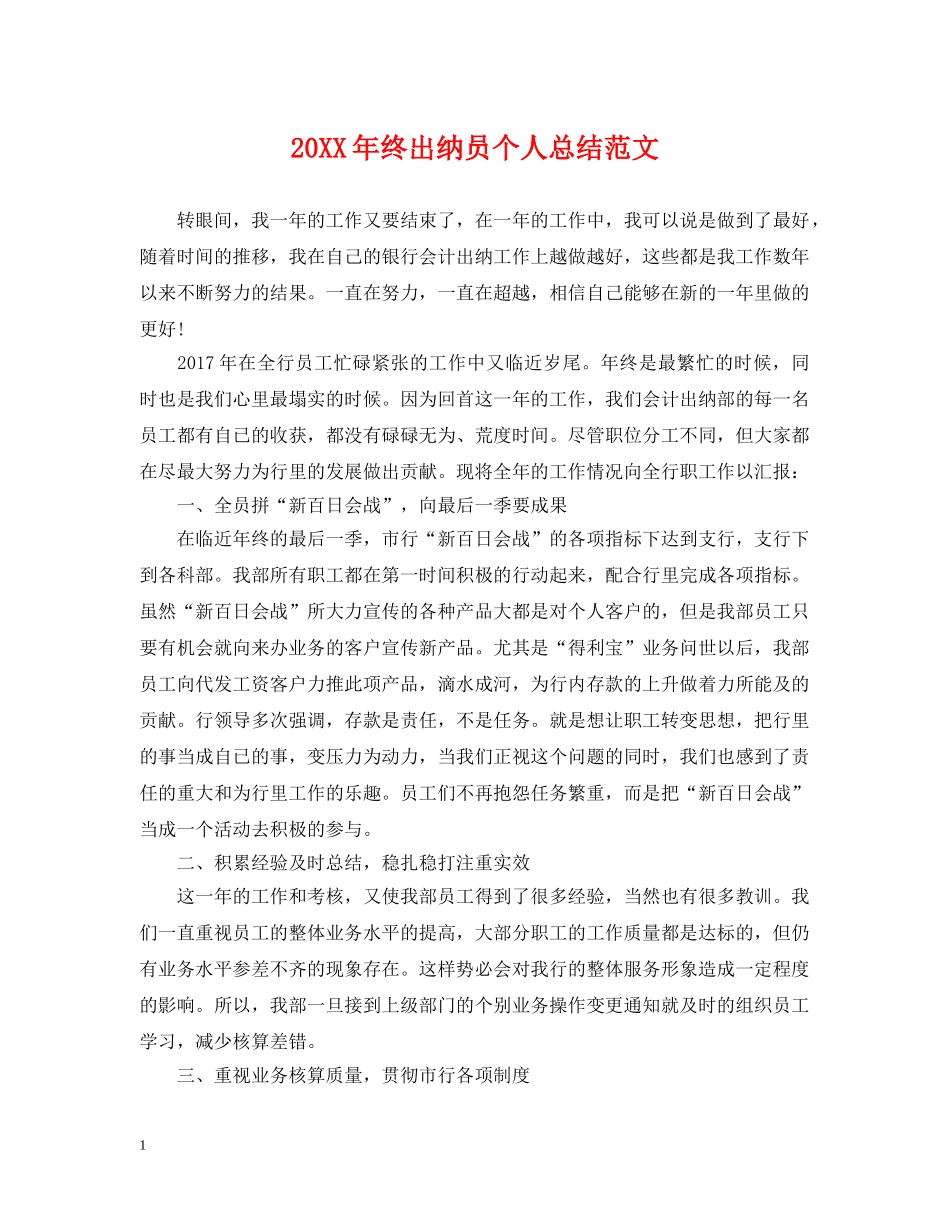 20XX年终出纳员个人总结范文 _第1页