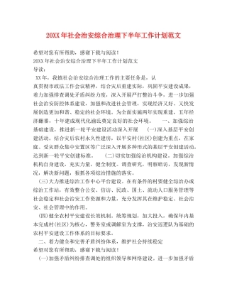 20XX年社会治安综合治理下半年工作计划范文 