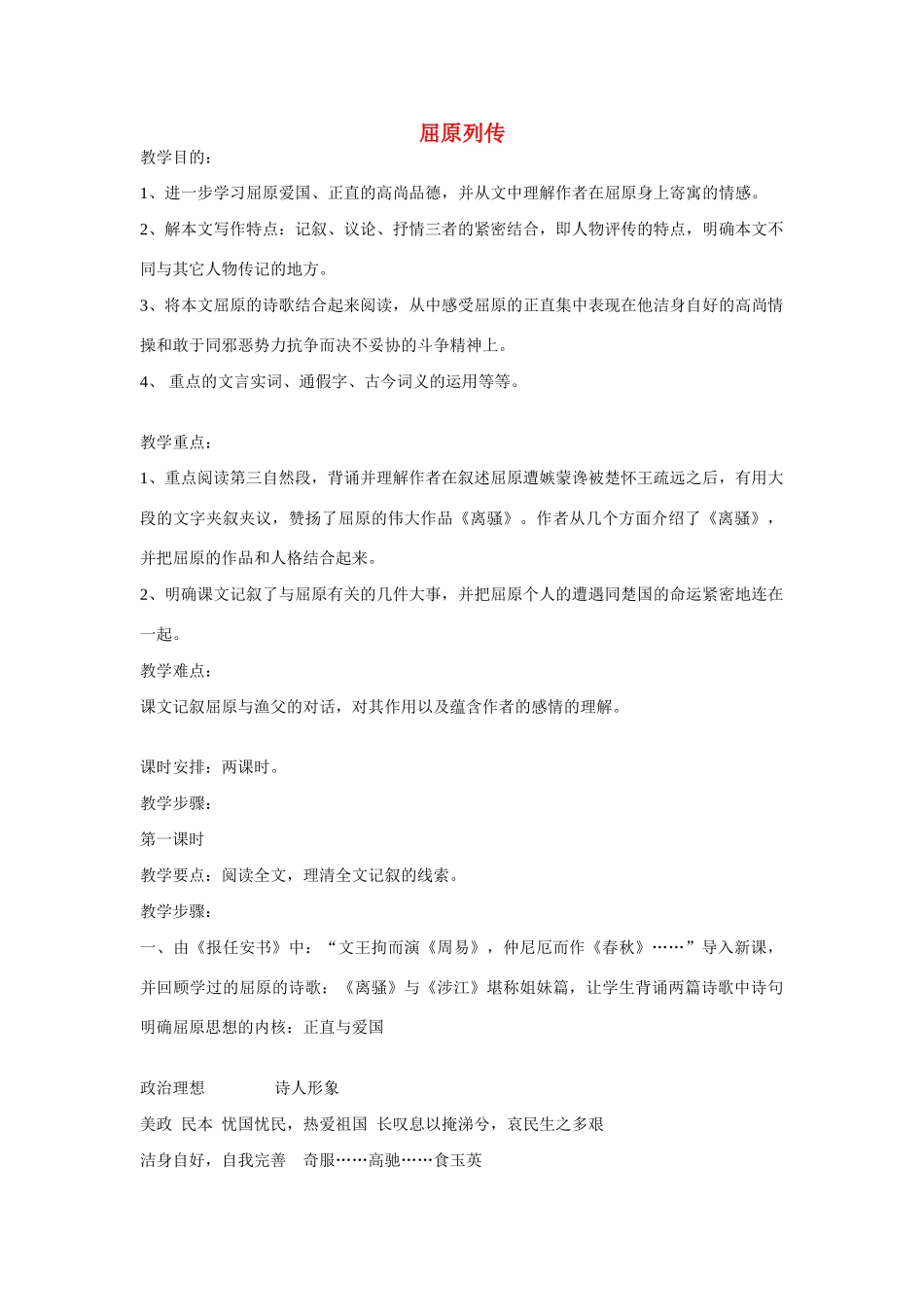 高中语文第六册《屈原列传》教学设计_第1页