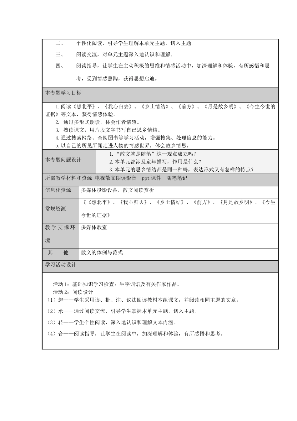 高中语文第三专题月是故乡明《故乡情思》主题单元设计教案 苏教版必修1_第3页