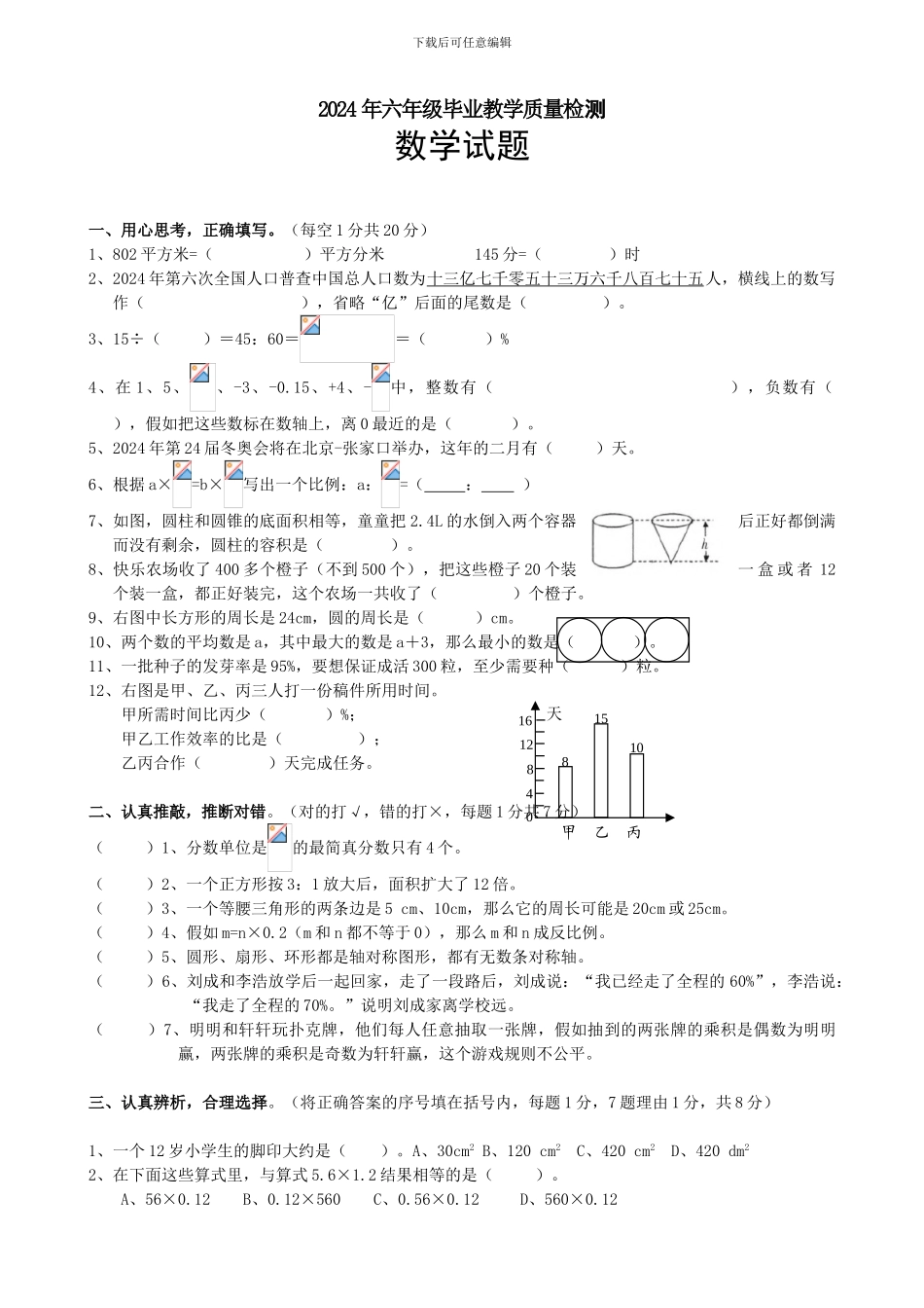 人教版2024年六年级下小升初考试数学真题_第1页