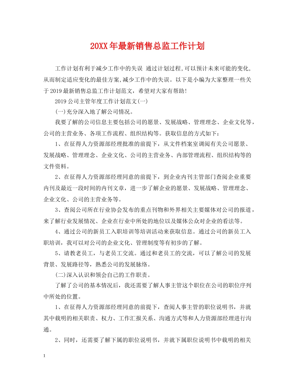 20XX年最新销售总监工作计划 _第1页