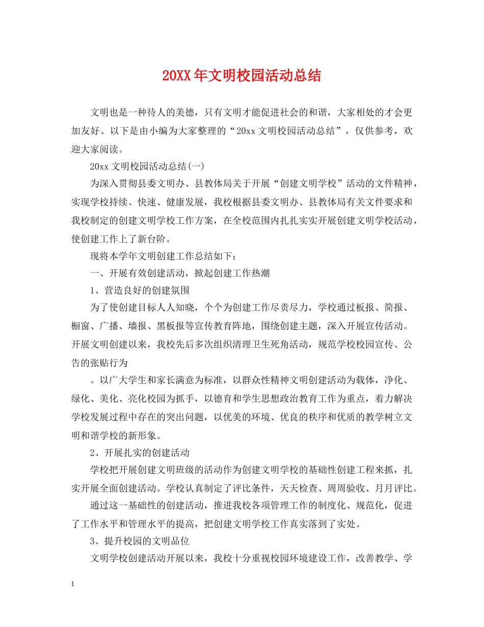 20XX年文明校园活动总结 _第1页