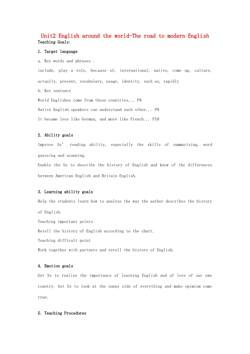 高中英语 Unit2 English around the world-The road to modern English教案 新人教版必修1-新人教版高一必修1英语教案_第1页