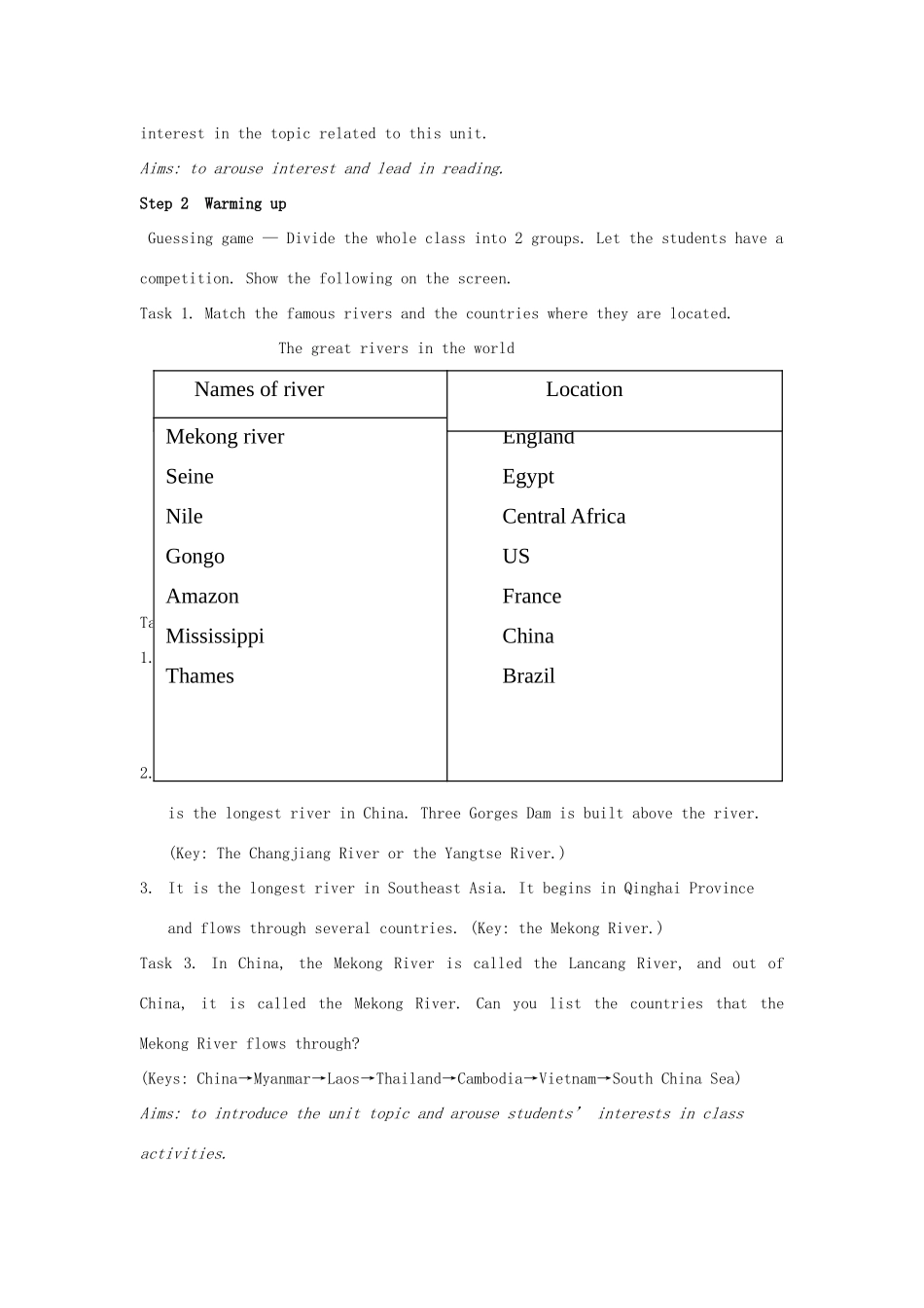 高中英语 Unit 3 Travel journal Reading Journey down the Mekong教学设计 新人教版必修1-新人教版高一必修1英语教案_第2页