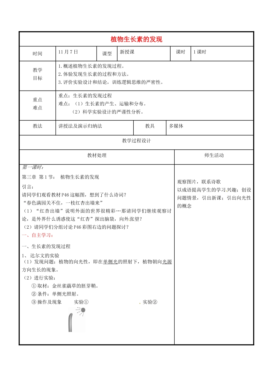高中生物 第三章 植物的激素调节 3.1 植物生长素的发现教案 新人教版必修3-新人教版高二必修3生物教案_第1页
