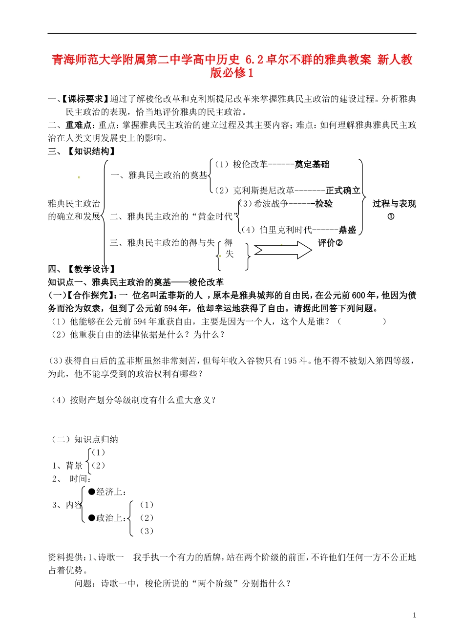 青海师范大学附属第二中学高中历史 6.2卓尔不群的雅典教案 新人教版必修1_第1页